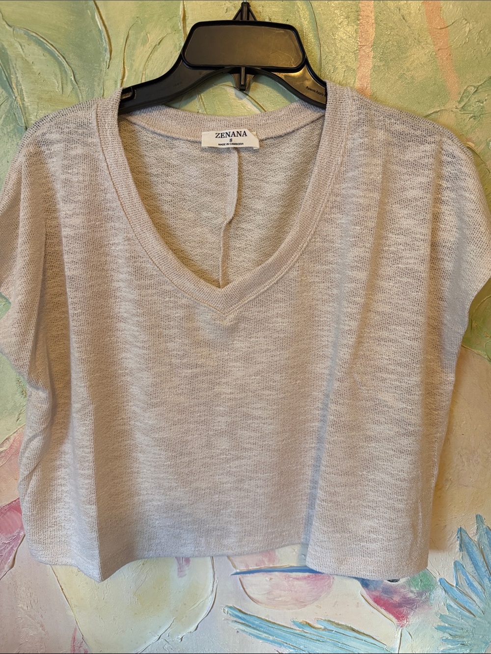 Zenana Hacci V-Neck Short Sleeve Boxy Top in Cream Mult sizes S-XL - Picture 3 of 7